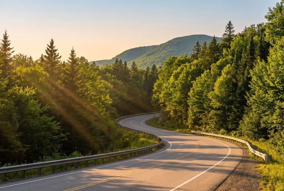 Une route de montagne à deux voies qui monte en courbe dans une forêt d'érables et d'épinettes en été, glissière de sécurité et lumière dorée du soir.